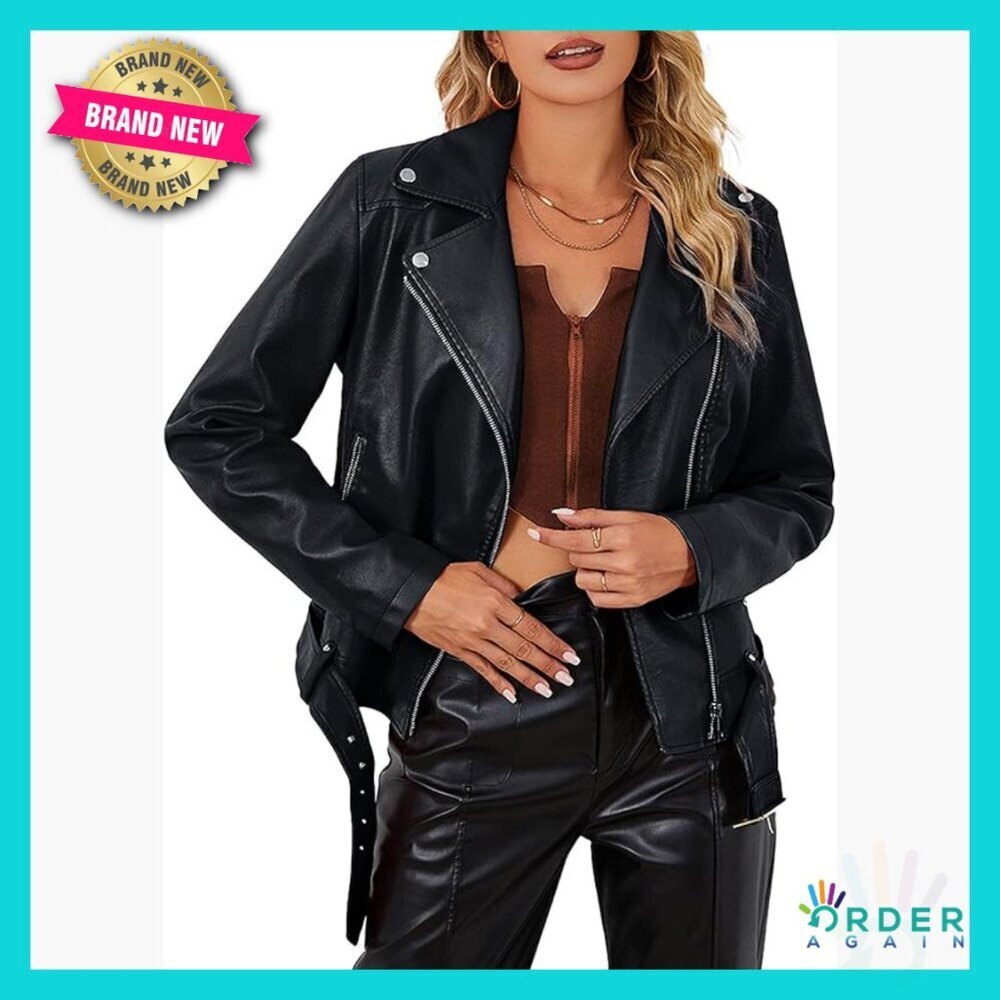 Faux Leather Motorcycle Jacket Chic Cinch Belt Asymmetrical Design Lightweight